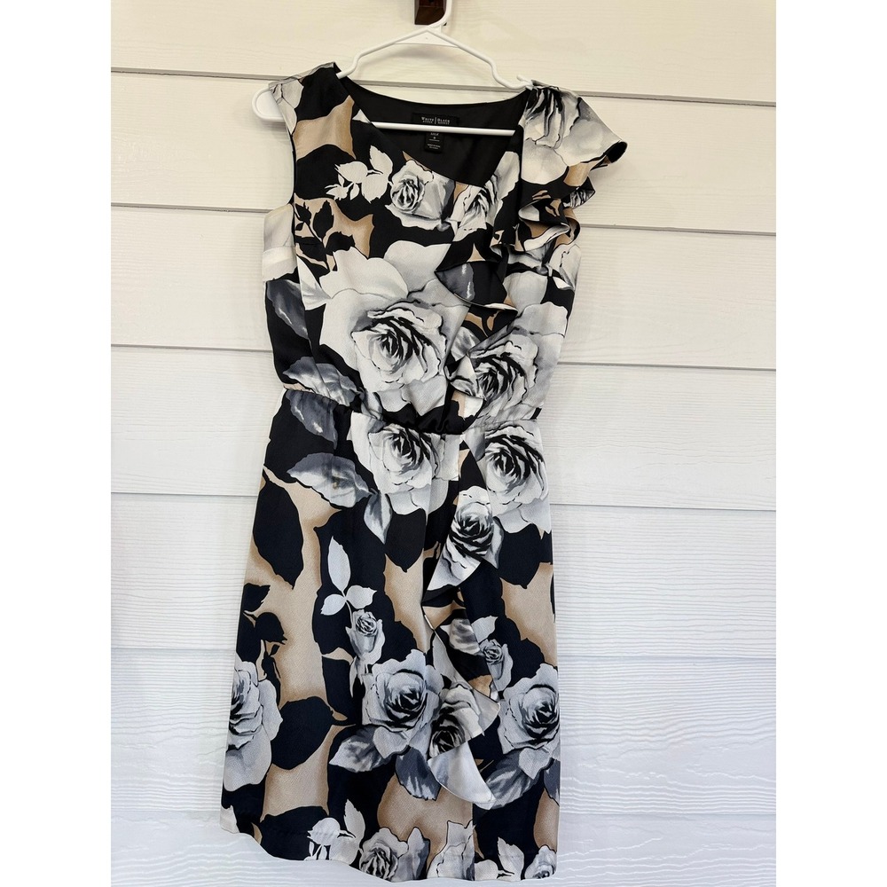 B- 029-White House Black Market Silk Floral Ruffle Dress Black White Tan Size 0